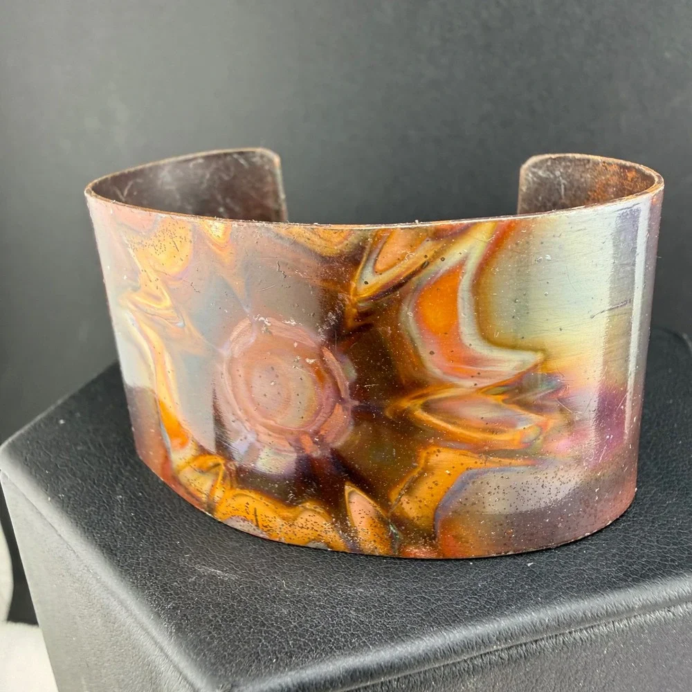 Vintage Copper Cuff Bracelet Multicolor Flame Painted Artist Signed Size 6